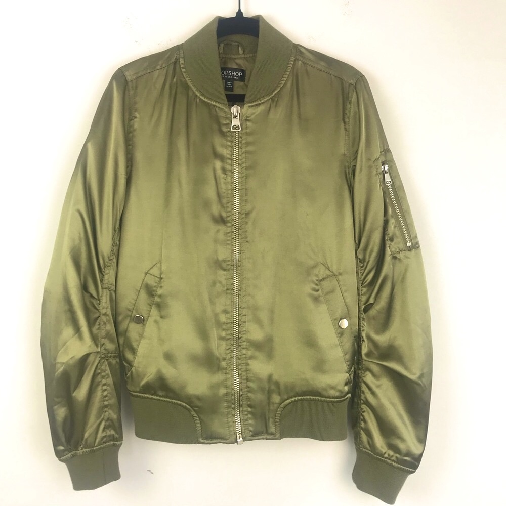 Topshop || Satin Zip Front Olive Bomber Jacket Size 2
